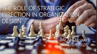 THE ROLE OF STRATEGIC
DIRECTION IN ORGANIZATION
DESIGN
PALANI SELVAM B
RA1952001020026
MBA - A
 