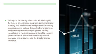  Teritary -:In the tertiary control of a micromicrogrid,
the focus is on optimizing long-term performance and
planning. This level involves strategic decision-making
regarding energy trading, demand-side management,
and grid integration with larger systems. Tertiary
control aims to maximize economic benefits, enhance
system resilience, and facilitate the integration of
renewable energy sources into the broader energy
landscape.
 