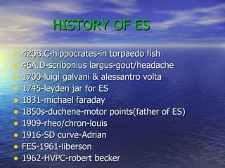 HISTORY OF ES 420B.C-hippocrates-in torpaedo fish 46A.D-scribonius largus-gout/headache 1700-luigi galvani & alessantro volta 1745-leyden jar for ES 1831-michael faraday 1850s-duchene-motor points(father of ES) 1909-rheo/chron-louis 1916-SD curve-Adrian FES-1961-liberson 1962-HVPC-robert becker 