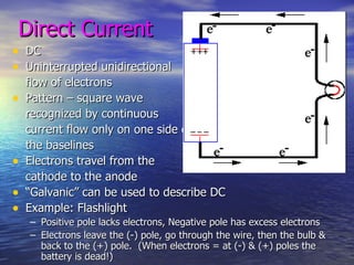 Direct Current DC Uninterrupted unidirectional  flow of electrons Pattern – square wave  recognized by continuous  current flow only on one side of the baselines Electrons travel from the  cathode to the anode “ Galvanic” can be used to describe DC Example: Flashlight Positive pole lacks electrons, Negative pole has excess electrons Electrons leave the (-) pole, go through the wire, then the bulb & back to the (+) pole.  (When electrons = at (-) & (+) poles the battery is dead!) 