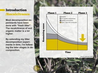 Introduction
                                               Phase 1      Phase 2                       Phase 3
/Recalcitrance
                                                         solubles
                                                         non-lignified carbohydrates
Most decomposition ex-                                   lignified carbohydrates

periments have been                                      lignin + lignin-like compounds




                              Remaining mass
done with “fresh litter”.
The recalcitrance of soil
organic matter is a lot
higher.

By extending my litter
decomposition experi-
ments in time, I’m follow-
ing the later stages in de-
composition.
                                                               Time
                                                                                             Berg & Laskowski 2006




                                                                                          [Faculty of Science
                                                                                                     Biology]
 