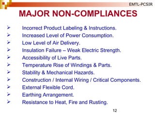 12
 Incorrect Product Labeling & Instructions.
 Increased Level of Power Consumption.
 Low Level of Air Delivery.
 Insulation Failure – Weak Electric Strength.
 Accessibility of Live Parts.
 Temperature Rise of Windings & Parts.
 Stability & Mechanical Hazards.
 Construction / Internal Wiring / Critical Components.
 External Flexible Cord.
 Earthing Arrangement.
 Resistance to Heat, Fire and Rusting.
MAJOR NON-COMPLIANCES
EMTL-PCSIR
 