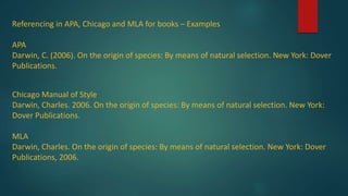Referencing in APA, Chicago and MLA for books – Examples
APA
Darwin, C. (2006). On the origin of species: By means of natural selection. New York: Dover
Publications.
Chicago Manual of Style
Darwin, Charles. 2006. On the origin of species: By means of natural selection. New York:
Dover Publications.
MLA
Darwin, Charles. On the origin of species: By means of natural selection. New York: Dover
Publications, 2006.
 