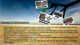 Causes of Deforestation
 Illegal Logging - Wood-based industries like paper, match-sticks, furniture, etc. need a substantial amount of wood
supply. Therefore, trees are chopped for meeting the demand for supplies.
 Urbanization and Overpopulation - To gain access to the forests, the construction of roads is undertaken for which
the trees are chopped to build roads. Overpopulation too directly affects forest covers, as with the expansion of cities,
more land is needed to establish housing and settlements.
 Mining - Oil and coal mining requires a considerable amount of forest land.
 Forest Fires -Forest fires which happens due to extreme warm summers and milder winters results in a massive loss
of forest covers in the various portions of the world.
 Paper - Around the world, mills produce about 400 million tons of paper per year. This creates jobs but contributes
to deforestation.
 