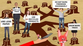 USE
RECYCLED
PRODUCTS
DO NOT BURN
FIREWOOD
EXCESSIVELY
GROW MORE
TREES
USE LESS
PAPER
DON'T CUT
TREES
 