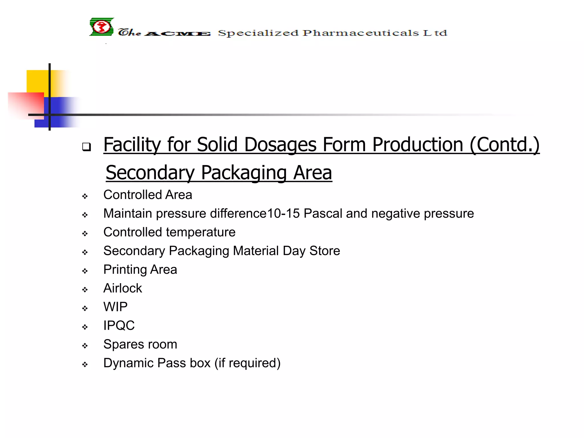  Facility for Solid Dosages Form Production (Contd.)
Secondary Packaging Area
 Controlled Area
 Maintain pressure difference10-15 Pascal and negative pressure
 Controlled temperature
 Secondary Packaging Material Day Store
 Printing Area
 Airlock
 WIP
 IPQC
 Spares room
 Dynamic Pass box (if required)
 