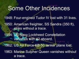 1948: Four-engined Tudor IV lost with 31 lives.
1950: American freighter, SS Sandra (350 ft),
sinks without a trace.
1954: US Navy Lockheed Constellation
vanishes with 42 aboard.
1962: US Air Force KB-50 tanker plane lost.
1963: Marine Sulpher Queen vanishes without
a trace.
Some Other Incidences
 