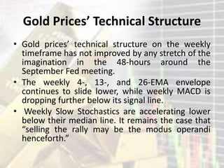 Gold Prices’ Technical Structure
• Gold prices’ technical structure on the weekly
timeframe has not improved by any stretch of the
imagination in the 48-hours around the
September Fed meeting.
• The weekly 4-, 13-, and 26-EMA envelope
continues to slide lower, while weekly MACD is
dropping further below its signal line.
• Weekly Slow Stochastics are accelerating lower
below their median line. It remains the case that
“selling the rally may be the modus operandi
henceforth.”
 