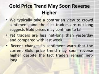 Gold Price Trend May Soon Reverse
Higher
• We typically take a contrarian view to crowd
sentiment, and the fact traders are net-long
suggests Gold prices may continue to fall.
• Yet traders are less net-long than yesterday
and compared with last week.
• Recent changes in sentiment warn that the
current Gold price trend may soon reverse
higher despite the fact traders remain net-
long.
 