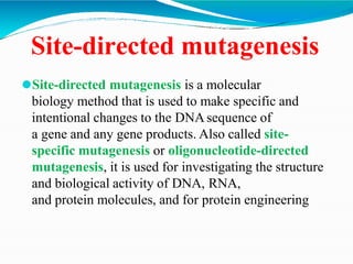 Site-directed mutagenesis
⚫Site-directed mutagenesis is a molecular
biology method that is used to make specific and
intentional changes to the DNAsequence of
a gene and any gene products. Also called site-
specific mutagenesis or oligonucleotide-directed
mutagenesis, it is used for investigating the structure
and biological activity of DNA, RNA,
and protein molecules, and for protein engineering
 