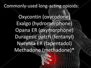 Commonly-used long-acting opioids:

Oxycontin (oxycodone)
Exalgo (hydromorphone)
Opana ER (oxymorphone)
Duragesic patch (fentanyl)
Nucynta ER (tapentadol)
Methadone (methadone)*

 