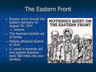 The Eastern Front


Russian army moved into
Eastern Germany on
August 30, 1914








Defeated

The Austrians kicked out
of Serbia
Italians attacked Austria
in 1915
G. came to Austrian aid
and pushed Russians
back 300 miles into own
territory

 