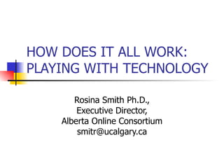 HOW DOES IT ALL WORK: PLAYING WITH TECHNOLOGY Rosina Smith Ph.D., Executive Director, Alberta Online Consortium [email_address] 