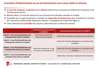 Formation ORDONNANCES MACRON : DECRYPTER ET RESISTER ! - CE de l’UGICT-CGT - 24 JANVIER 2018 - DIAPO N°44
Le barème d’indemnisation en cas de licenciement sans cause réelle et sérieuse
 Le juge doit respecter un plancher et un plafond, déterminés en fonction de l’effectif de l’entreprise et de
l’ancienneté du salarié.
 Base de calcul : en mois de salaire brut sans précision de la période à prendre en compte.
 Possibilité pour le juge de prendre en compte les indemnités de licenciement dans la fixation du montant
de l’indemnité (!) (l’Assemblée Nationale a rajouté « à l’exception de l’indemnité légale »).
 Cette indemnité est cumulable avec d’autres indemnités dans la limite des maximas.
Licenciement prononcé avant
le 24/09/17
Licenciement prononcé après le 24/09/17
Salarié > 2 ans d’ancienneté dans une
entreprise d’au moins 11 salariés
Indemnité minimale d’au
moins 6 mois de salaire
Indemnités minimale et maximale selon le barème
Salarié < 2 ans d’ancienneté dans une
entreprise de moins de 11 salariés
Indemnité évaluée par le juge
en fonction du préjudice subi
Indemnité minimale dérogatoire et maximale selon
le barème
Salarié > 2 ans d’ancienneté dans une
entreprise de moins de 11 salariés
Indemnité minimale dérogatoire et maximale selon
le barème
Salarié < 2 ans d’ancienneté dans une
entreprise d’au moins 11 salariés
Indemnités minimale et maximale selon le barème
 