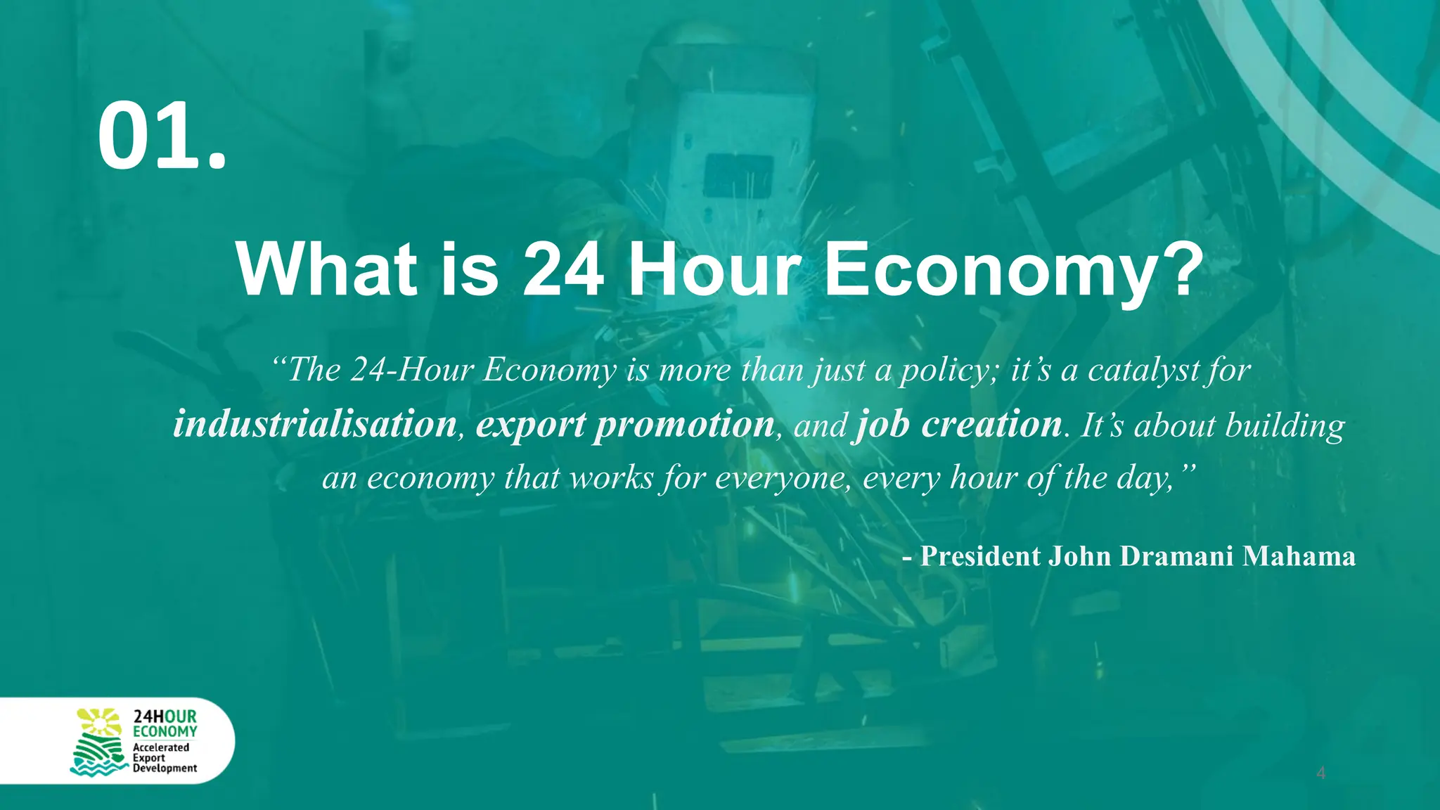 What is 24 Hour Economy?
“The 24-Hour Economy is more than just a policy; it’s a catalyst for
industrialisation, export promotion, and job creation. It’s about building
an economy that works for everyone, every hour of the day,”
- President John Dramani Mahama
01.
4
 