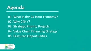 Agenda
01. What is the 24 Hour Economy?
02. Why 24H+?
03. Strategic Priority Projects
04. Value Chain Financing Strategy
05. Featured Opportunities
3
 
