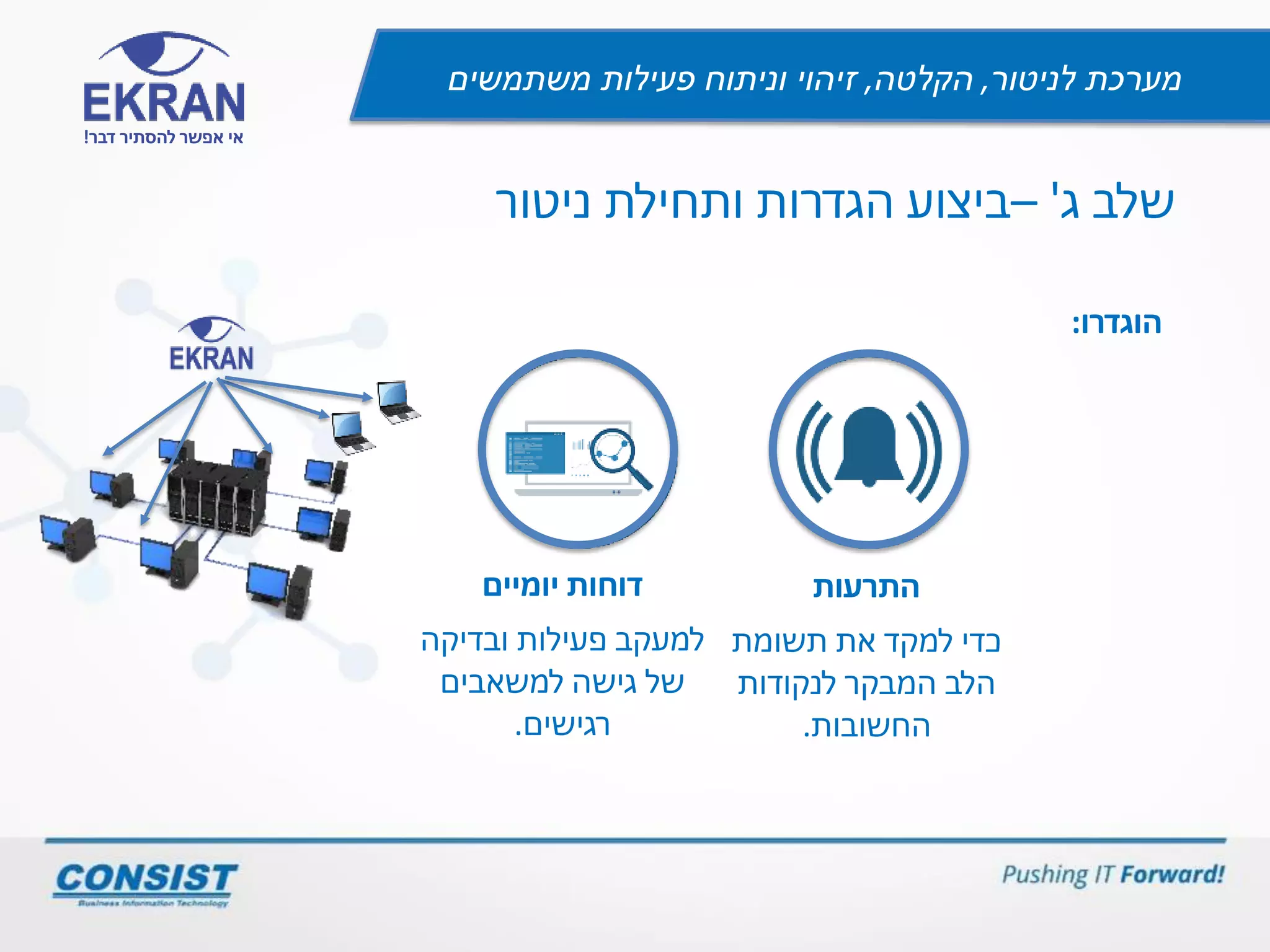 ‫לניטור‬ ‫מערכת‬,‫הקלטה‬,‫משתמשים‬ ‫פעילות‬ ‫וניתוח‬ ‫זיהוי‬
‫דבר‬ ‫להסתיר‬ ‫אפשר‬ ‫אי‬!
‫שלב‬‫ג‬'–‫ניטור‬ ‫ותחילת‬ ‫הגדרות‬ ‫ביצוע‬
‫הוגדרו‬:
‫התרעות‬
‫למקד‬ ‫כדי‬‫תשומת‬ ‫את‬
‫הלב‬‫המבקר‬‫לנקודות‬
‫החשובות‬.
‫יומיים‬ ‫דוחות‬
‫ובדיקה‬ ‫פעילות‬ ‫למעקב‬
‫למשאבים‬ ‫גישה‬ ‫של‬
‫רגישים‬.
 