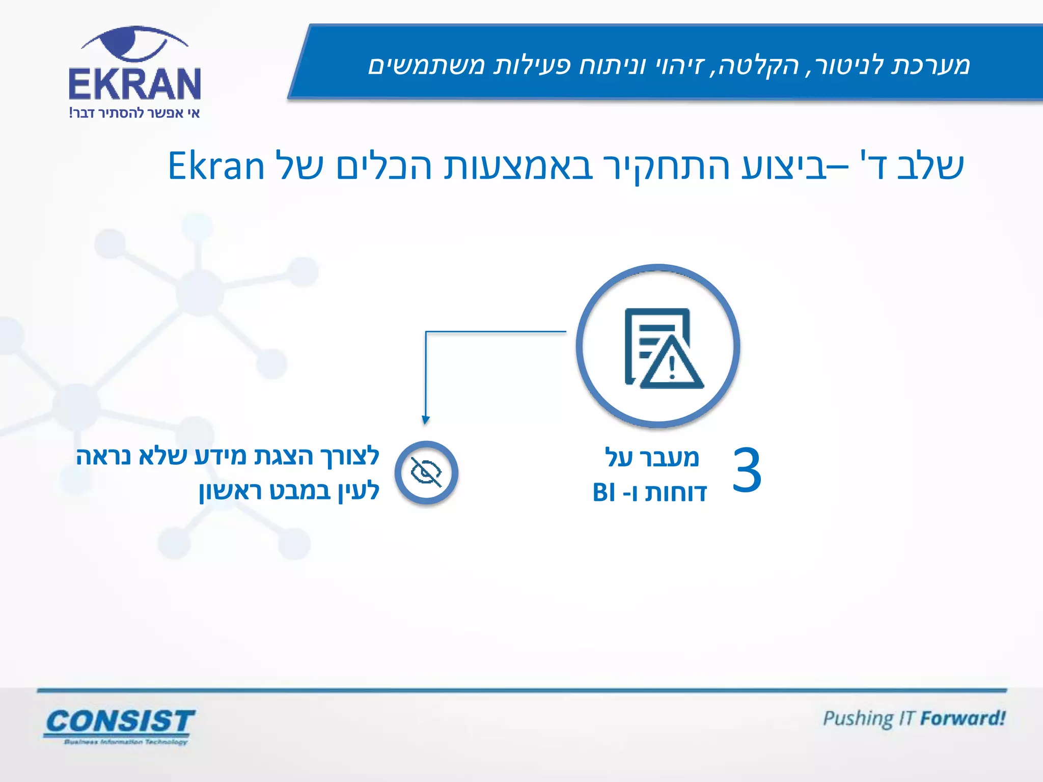 ‫לניטור‬ ‫מערכת‬,‫הקלטה‬,‫משתמשים‬ ‫פעילות‬ ‫וניתוח‬ ‫זיהוי‬
‫דבר‬ ‫להסתיר‬ ‫אפשר‬ ‫אי‬!
‫ד‬ ‫שלב‬'–‫של‬ ‫הכלים‬ ‫באמצעות‬ ‫התחקיר‬ ‫ביצוע‬Ekran
3‫נראה‬ ‫שלא‬ ‫מידע‬ ‫הצגת‬ ‫לצורך‬
‫ראשון‬ ‫במבט‬ ‫לעין‬
‫מעבר‬‫על‬
‫ו‬ ‫דוחות‬-BI
 