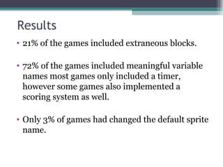 Results
• 21% of the games included extraneous blocks.
• 72% of the games included meaningful variable
names most games only included a timer,
however some games also implemented a
scoring system as well.
• Only 3% of games had changed the default sprite
name.
 