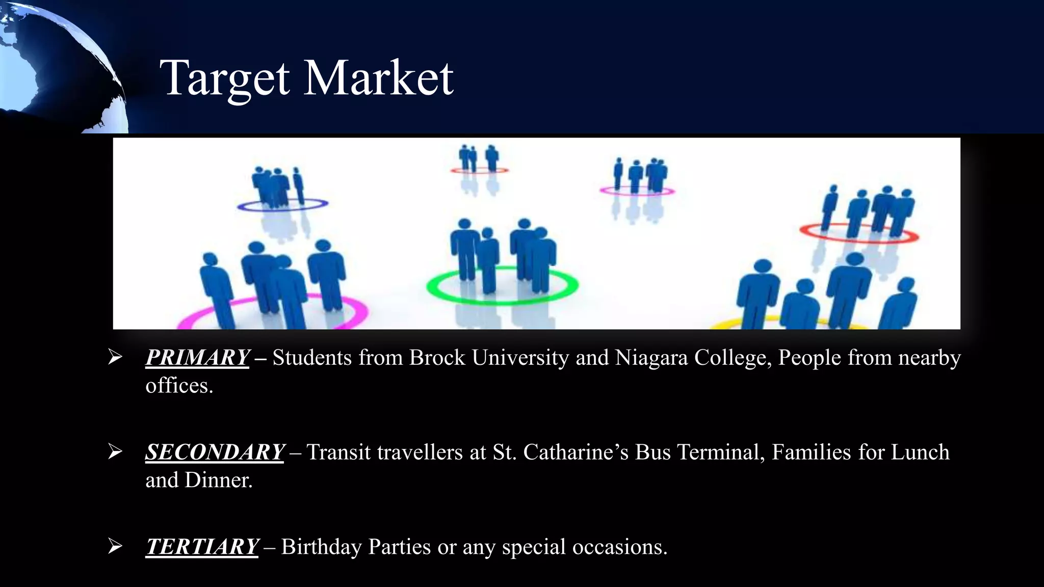 Target Market




 PRIMARY – Students from Brock University and Niagara College, People from nearby
  offices.

 SECONDARY – Transit travellers at St. Catharine’s Bus Terminal, Families for Lunch
  and Dinner.

 TERTIARY – Birthday Parties or any special occasions.
 