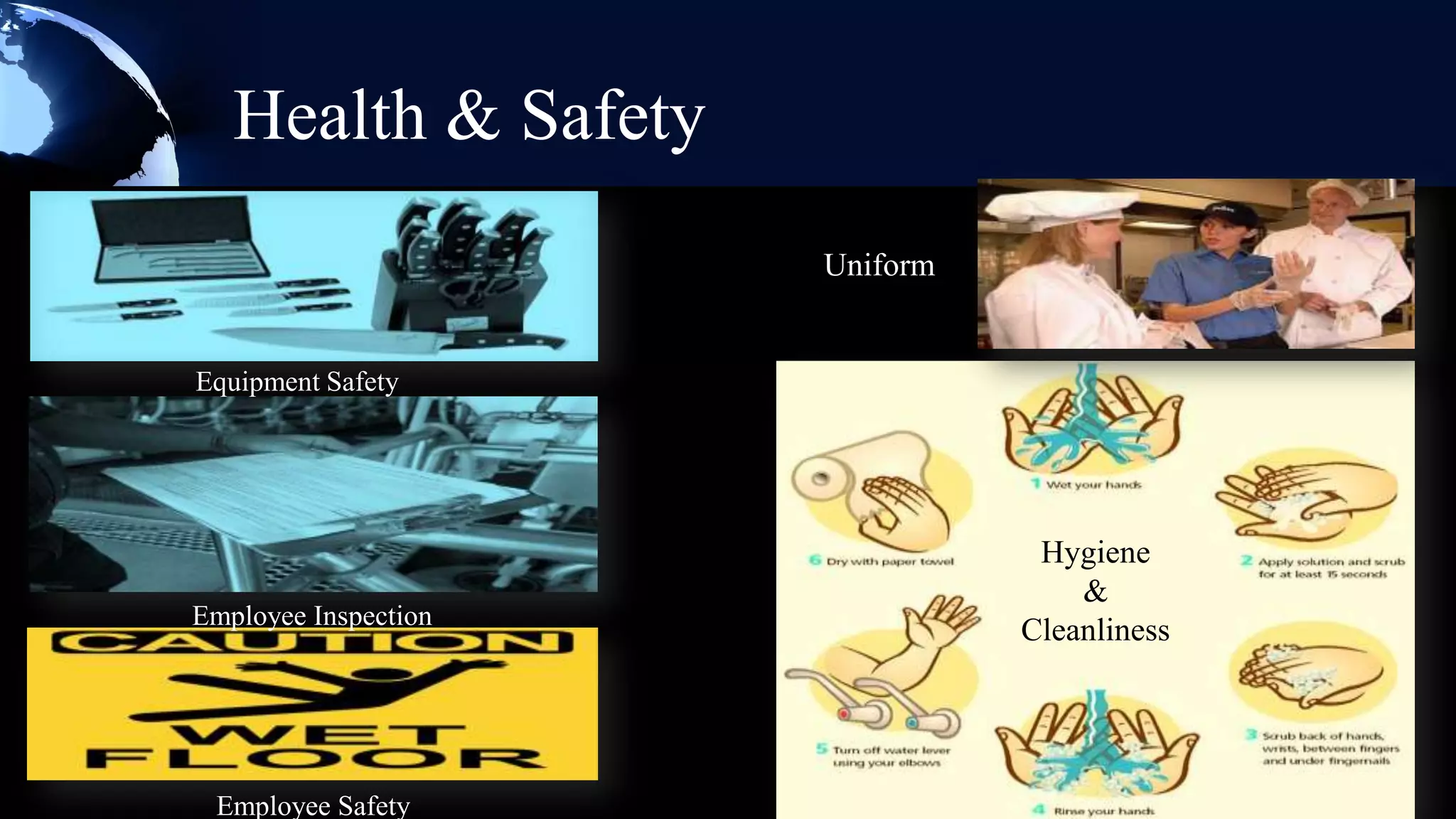 Health & Safety
                      Uniform


Equipment Safety




                                 Hygiene
                                    &
Employee Inspection
                                Cleanliness




 Employee Safety
 