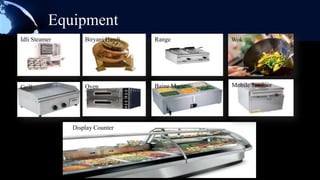 Equipment
Idli Steamer       Biryani Handi   Range         Wok




Grill              Oven            Baine Marie   Mobile Tandoor




               Display Counter
 