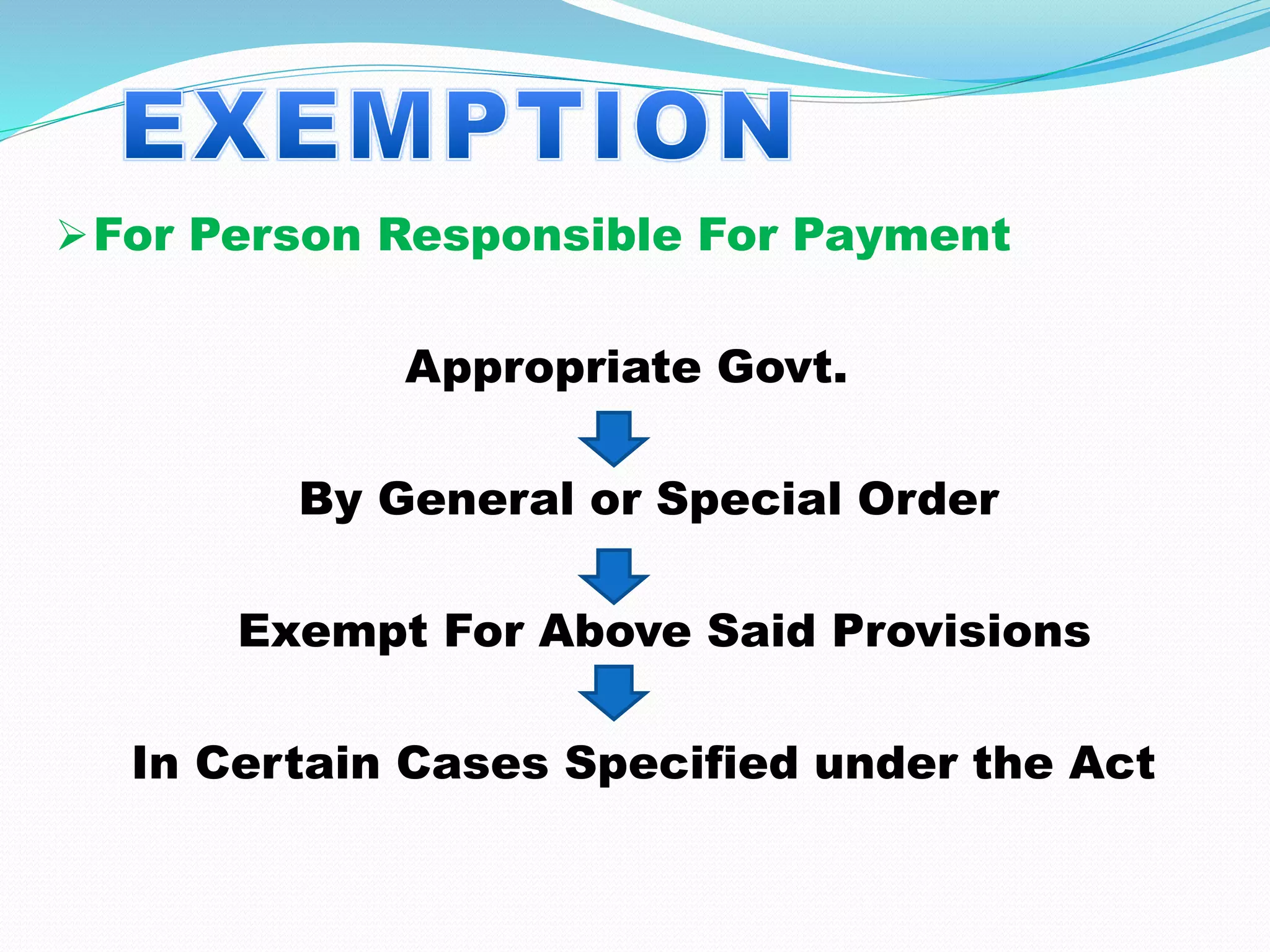 For Person Responsible For Payment
Appropriate Govt.
By General or Special Order
Exempt For Above Said Provisions
In Certain Cases Specified under the Act
 