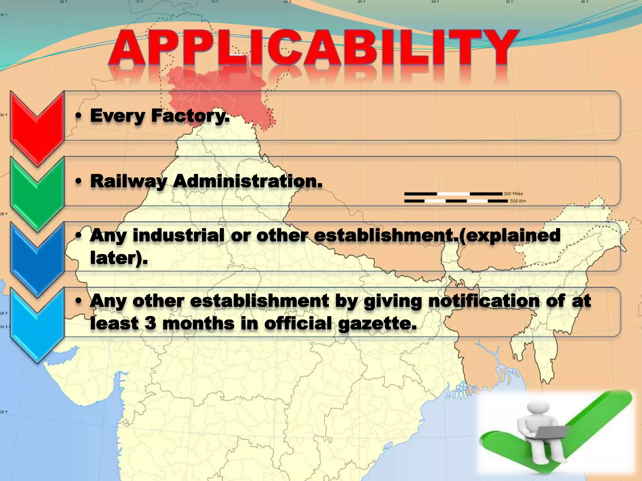 • Every Factory.
• Railway Administration.
• Any industrial or other establishment.(explained
later).
• Any other establishment by giving notification of at
least 3 months in official gazette.
 
