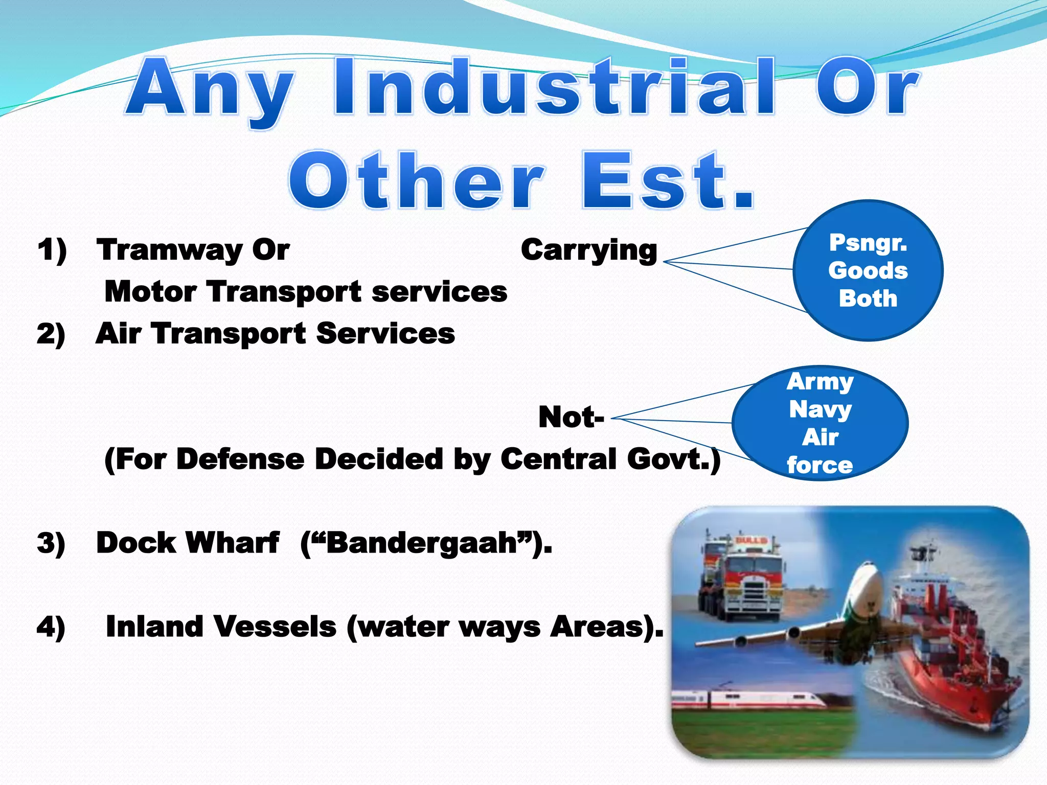 1) Tramway Or Carrying
Motor Transport services
2) Air Transport Services
Not-
(For Defense Decided by Central Govt.)
3) Dock Wharf (“Bandergaah”).
4) Inland Vessels (water ways Areas).
Psngr.
Goods
Both
Army
Navy
Air
force
 
