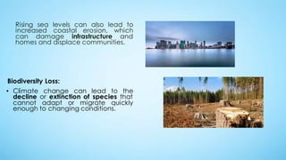 Rising sea levels can also lead to
increased coastal erosion, which
can damage infrastructure and
homes and displace communities.
Biodiversity Loss:
▪ Climate change can lead to the
decline or extinction of species that
cannot adapt or migrate quickly
enough to changing conditions.
 