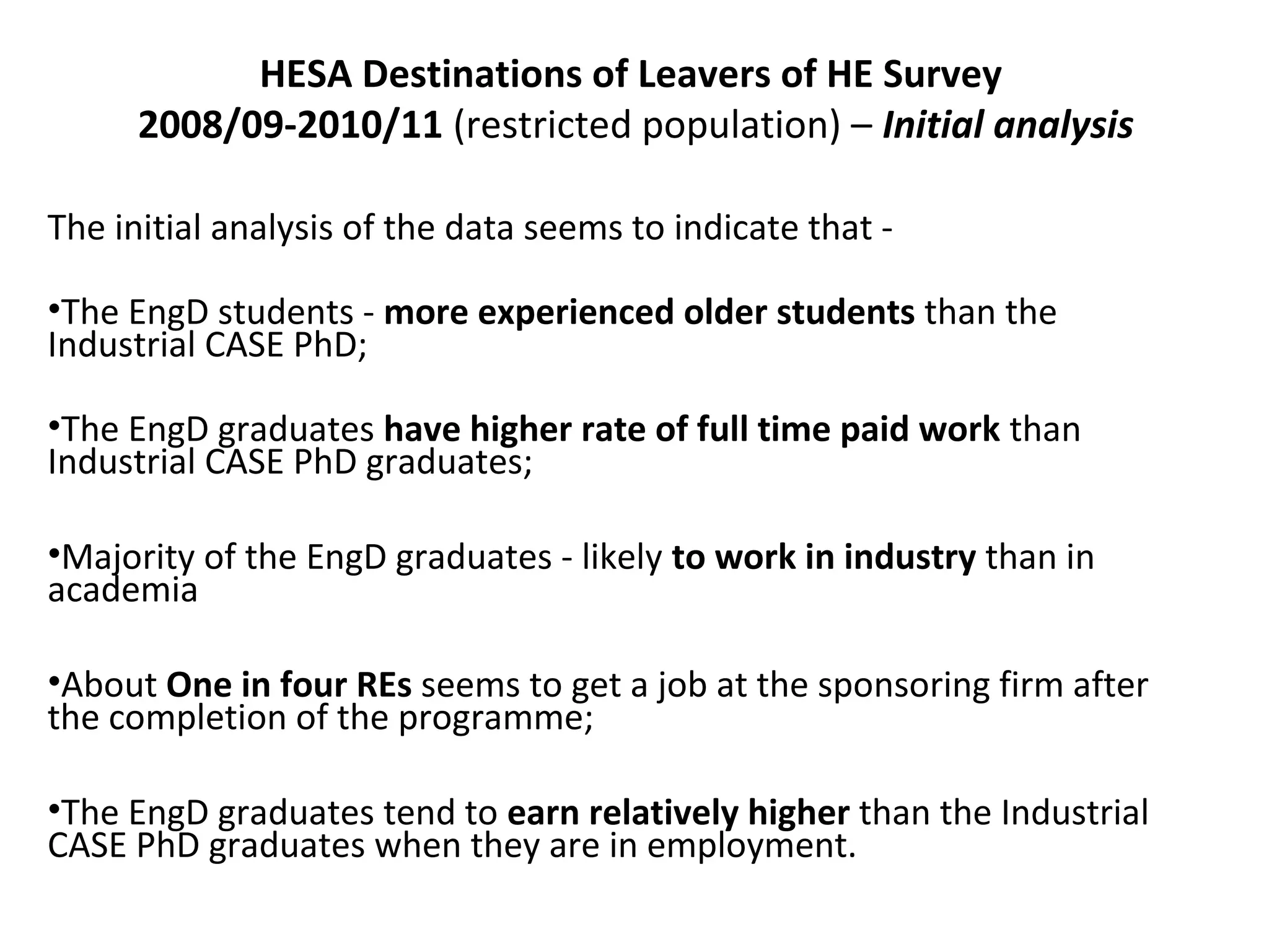 HESA Destinations of Leavers of HE Survey
2008/09-2010/11 (restricted population) – Initial analysis
The initial analysis of the data seems to indicate that •The EngD students - more experienced older students than the
Industrial CASE PhD;
•The EngD graduates have higher rate of full time paid work than
Industrial CASE PhD graduates;
•Majority of the EngD graduates - likely to work in industry than in
academia
•About One in four REs seems to get a job at the sponsoring firm after
the completion of the programme;
•The EngD graduates tend to earn relatively higher than the Industrial
CASE PhD graduates when they are in employment.

 