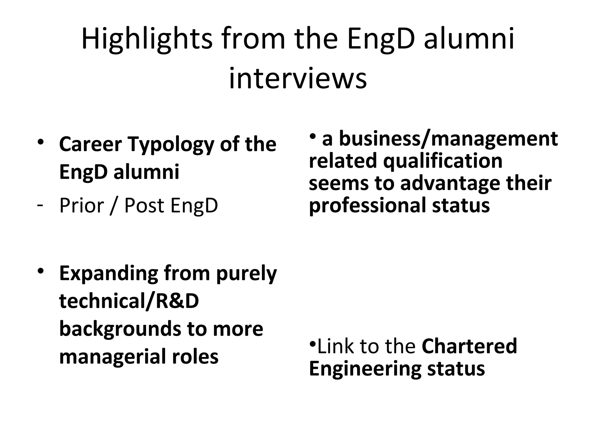 Highlights from the EngD alumni
interviews
• Career Typology of the
EngD alumni
- Prior / Post EngD
• Expanding from purely
technical/R&D
backgrounds to more
managerial roles

• a business/management
related qualification
seems to advantage their
professional status

•Link to the Chartered
Engineering status

 