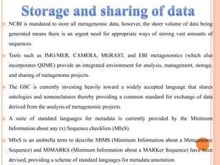  NCBI is mandated to store all metagenomic data, however, the sheer volume of data being
generated means there is an urgent need for appropriate ways of storing vast amounts of
sequences.
 Tools such as IMG/MER, CAMERA, MGRAST, and EBI metagenomics (which also
incorporates QIIME) provide an integrated environment for analysis, management, storage,
and sharing of metagenome projects.
 The GSC is currently investing heavily toward a widely accepted language that shares
ontologies and nomenclatures thereby providing a common standard for exchange of data
derived from the analysis of metagenomic projects.
 A suite of standard languages for metadata is currently provided by the Minimum
Information about any (x) Sequence checklists (MIxS).
 MIxS is an umbrella term to describe MIMS (Minimum Information about a Metagenome
Sequence) and MIMARKS (Minimum Information about a MARKer Sequence) have been
devised, providing a scheme of standard languages for metadata annotation.
 