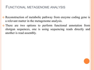 FUNCTIONAL METAGENOME ANALYSIS
 Reconstruction of metabolic pathway from enzyme coding gene is
a relevant matter in the metagenome analysis.
 There are two options to perform functional annotation from
shotgun sequences, one is using sequencing reads directly and
another is read assembly.
 