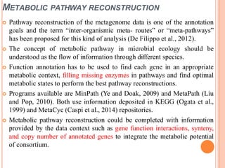 METABOLIC PATHWAY RECONSTRUCTION
 Pathway reconstruction of the metagenome data is one of the annotation
goals and the term “inter-organismic meta- routes” or “meta-pathways”
has been proposed for this kind of analysis (De Filippo et al., 2012).
 The concept of metabolic pathway in microbial ecology should be
understood as the flow of information through different species.
 Function annotation has to be used to find each gene in an appropriate
metabolic context, filling missing enzymes in pathways and find optimal
metabolic states to perform the best pathway reconstructions.
 Programs available are MinPath (Ye and Doak, 2009) and MetaPath (Liu
and Pop, 2010). Both use information deposited in KEGG (Ogata et al.,
1999) and MetaCyc (Caspi et al., 2014) repositories.
 Metabolic pathway reconstruction could be completed with information
provided by the data context such as gene function interactions, synteny,
and copy number of annotated genes to integrate the metabolic potential
of consortium.
 