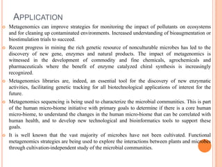 APPLICATION
 Metagenomics can improve strategies for monitoring the impact of pollutants on ecosystems
and for cleaning up contaminated environments. Increased understanding of bioaugmentation or
biostimulation trials to succeed.
 Recent progress in mining the rich genetic resource of nonculturable microbes has led to the
discovery of new gene, enzymes and natural products. The impact of metagenomics is
witnessed in the development of commodity and fine chemicals, agrochemicals and
pharmaceuticals where the benefit of enzyme catalyzed chiral synthesis is increasingly
recognized.
 Metagenomics libraries are, indeed, an essential tool for the discovery of new enzymatic
activities, facilitating genetic tracking for all biotechnological applications of interest for the
future.
 Metagenomics sequencing is being used to characterize the microbial communities. This is part
of the human micro-biome initiative with primary goals to determine if there is a core human
micro-biome, to understand the changes in the human micro-biome that can be correlated with
human health, and to develop new technological and bioinformatics tools to support these
goals.
 It is well known that the vast majority of microbes have not been cultivated. Functional
metagenomics strategies are being used to explore the interactions between plants and microbes
through cultivation-independent study of the microbial communities.
 