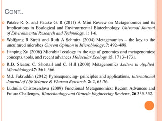 CONT..
 Patake R. S. and Patake G. R (2011) A Mini Review on Metagenomics and its
Implications in Ecological and Environmental Biotechnology Universal Journal
of Environmental Research and Technology, 1: 1-6.
 Wolfgang R Streit and Ruth A Schmitz (2004) Metagenomics – the key to the
uncultured microbes Current Opinion in Microbiology, 7: 492–498.
 Jianping Xu (2006) Microbial ecology in the age of genomics and metagenomics:
concepts, tools, and recent advances Molecular Ecology 15, 1713–1731.
 R.D. Sleator, C. Shortall and C. Hill (2008) Metagenomics Letters in Applied
Microbiology 47: 361–366.
 Md. Fakruddin (2012) Pyrosequencing- principles and applications, International
Journal of Life Science & Pharma Research, 2: 2, 65-76.
 Ludmila Chistoserdova (2009) Functional Metagenomics: Recent Advances and
Future Challenges, Biotechnology and Genetic Engineering Reviews, 26 335-352.
 