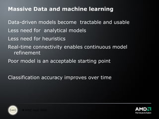 Massive Data and machine learning Data-driven models become  tractable and usable Less need for  analytical models Less need for heuristics  Real-time connectivity enables continuous model refinement Poor model is an acceptable starting point Classification accuracy improves over time 
