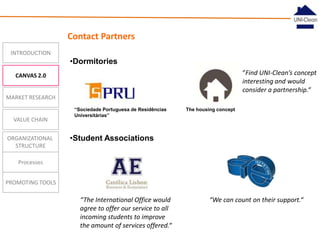 Contact Partners
INTRODUCTION

•Dormitories
“Find UNI-Clean’s concept
interesting and would
consider a partnership.“

CANVAS 2.0
MARKET RESEARCH

VALUE CHAIN
ORGANIZATIONAL
STRUCTURE

“Sociedade Portuguesa de Residências
Universitárias”

The housing concept

•Student Associations

Processes
PROMOTING TOOLS

“The International Office would
agree to offer our service to all
incoming students to improve
the amount of services offered.“

“We can count on their support.“

 