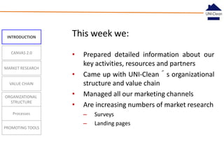 INTRODUCTION

CANVAS 2.0
MARKET RESEARCH

This week we:
•
•

VALUE CHAIN
ORGANIZATIONAL
STRUCTURE
Processes
PROMOTING TOOLS

•
•

Prepared detailed information about our
key activities, resources and partners
Came up with UNI-Clean´s organizational
structure and value chain
Managed all our marketing channels
Are increasing numbers of market research
–
–

Surveys
Landing pages

 