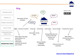 Blog
INTRODUCTION

CANVAS 2.0

Description of team
members

MARKET RESEARCH

VALUE CHAIN
ORGANIZATIONAL
STRUCTURE
Processes

PROMOTING TOOLS

Description of the
idea
Main page of the blog
where visitors can
find all the
information
published during the
past months.

Entrepreneurship and
Business Planning
sessions and
learnings

Business Model
(CANVAS)
Presentation

News about
entrepreneurship in
Portugal

External sources of
inspiration

www.uni-clean.blogspot.pt

 