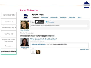 Social Networks
INTRODUCTION

CANVAS 1.0
MARKET RESEARCH

CANVAS 2.0
ORGANIZATIONAL
STRUCTURE
Processes
PROMOTING TOOLS

 