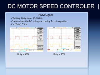 Section 2
DC MOTOR SPEED CONTROLER |
PWM Signal
Setting Duty from (0-100)%
determines the DC voltage according To this equation :
V = (Duty) * Vdc
Duty = 50% Duty = 75%
 