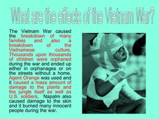 The Vietnam War caused
the breakdown of many
families and also a
breakdown of the
Vietnamese culture.
Thousands upon thousands
of children were orphaned
during the war and ended up
either in orphanages or on
the streets without a home.
Agent Orange was used and
it caused a mass amount of
damage to the plants and
the jungle itself as well as
U.S. soldiers. Napalm also
caused damage to the skin
and it burned many innocent
people during the war.
 