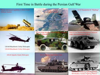 The USS Missouri launches a Tomahawk
missile. The Gulf War was the last conflict
in which battleships were deployed in a
combat role
AH-64 Apache Attack Helicopter M1A1 Abrams Main Battle Tank
M2 Bradley Infantry Fighting Vehicle
M3 Bradley Cavalry Fighting Vehicle
M1025 High Mobility Multi-Purpose Wheeled
Vehicle (HMMWV)
UH-60 Blackhawk Utility Helicopter
First Time in Battle during the Persian Gulf War
XM-93 Fox Nuclear-Biological-Chemical
(NBC) Reconnaissance Vehicle
A-10 Thunderbolt II “Warthog”B-2 Strategic Bomber
F-117 Fighter Bomber
Patriot Advanced Capability-3 (PAC-3) Air
Defense System
UH-60 Blackhawk Utility Helicopter
 