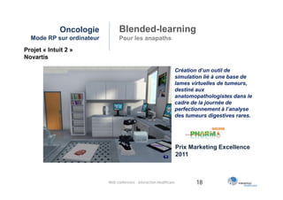 Oncologie           Blended-learning
  Mode RP sur ordinateur         Pour les anapaths
Projet « Intuit 2 »
Novartis

                                                                     Création d’un outil de
                                                                     simulation lié à une base de
                                                                     lames virtuelles de tumeurs,
                                                                     destiné aux
                                                                     anatomopathologistes dans le
                                                                     cadre de la journée de
                                                                     perfectionnement à l’analyse
                                                                     des tumeurs digestives rares.




                                                                     Prix Marketing Excellence
                                                                     2011



                           Web conférence - Interaction Healthcare           18
 