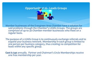 Opportunity # 16– Leads Groups




Member businesses of the Evergreen Area Chamber have a solution for
 said problems through the Chamber’s LEADs Groups. The groups are
 comprised of up to 30 Chamber member businesses who meet on a
 regular basis.

The purpose of a LEADs Group is to continuously exchange referrals and to
  expand your business network. Membership in each group is limited to
  one person per business category, thus creating no competition for
  leads within any specific group.

Cost is $40 annually. Partner and Chairman’s Circle Memberships receive
  one free membership per year.
 