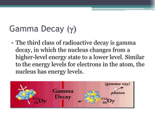 Gamma Decay (g)
• The third class of radioactive decay is gamma
decay, in which the nucleus changes from a
higher-level energy state to a lower level. Similar
to the energy levels for electrons in the atom, the
nucleus has energy levels.
 