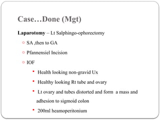 Case…Done (Mgt)
Laparotomy – Lt Salphingo-ophorectomy
o SA ,then to GA
o Pfannensiel Incision
o IOF
 Health looking non-gravid Ux
 Healthy looking Rt tube and ovary
 Lt ovary and tubes distorted and form a mass and
adhesion to sigmoid colon
 200ml heamoperitonium
 