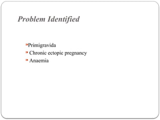 Problem Identified
⁍Primigravida
⁍ Chronic ectopic pregnancy
⁍ Anaemia
 